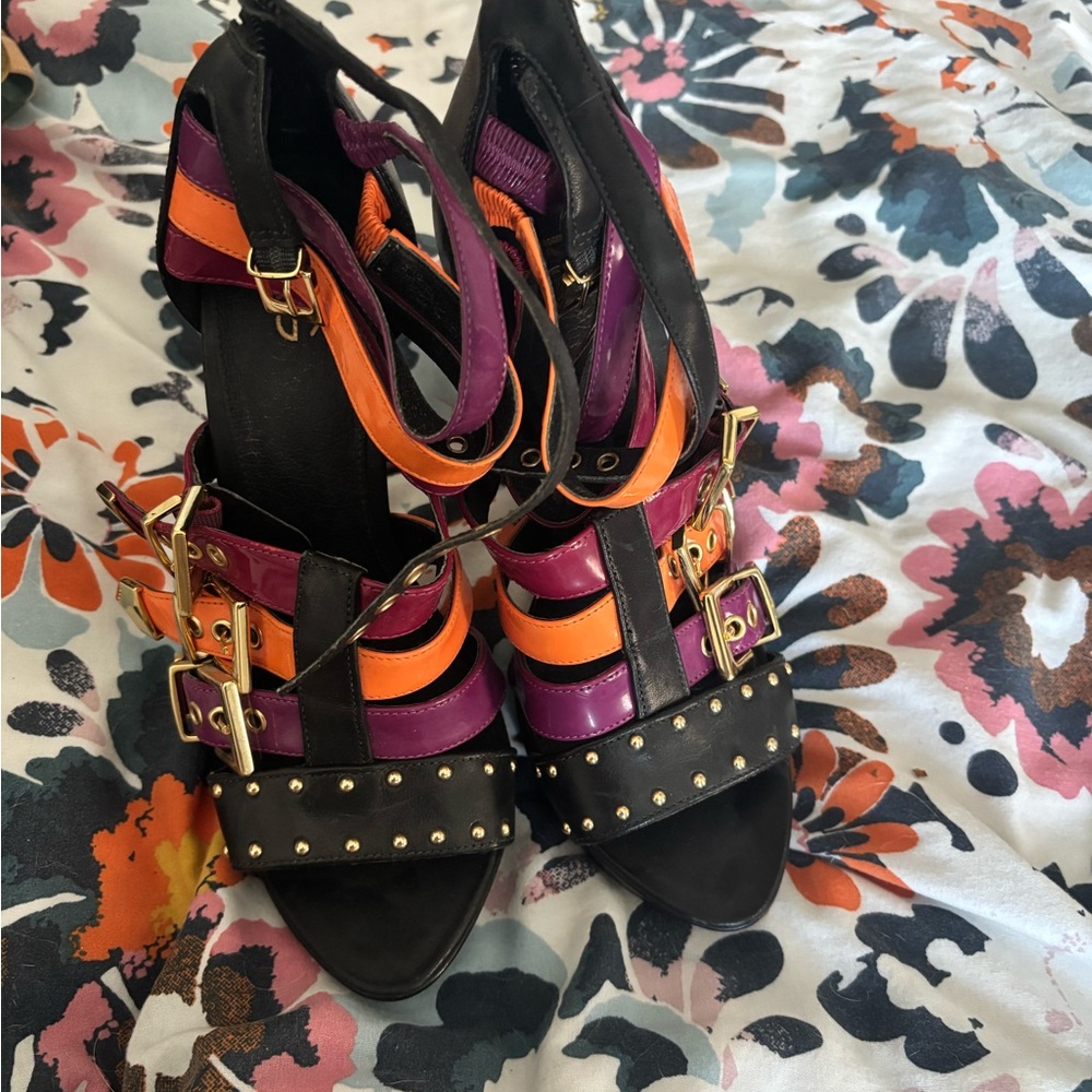 Kurt Geiger Black, Purple, and Orange Strappy Heels